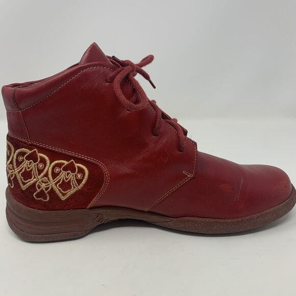 THINK! Denk! Leather Embroidered Ankle Boots 37 US 6 Lace Up‎ Red Comfortable - Picture 6 of 16